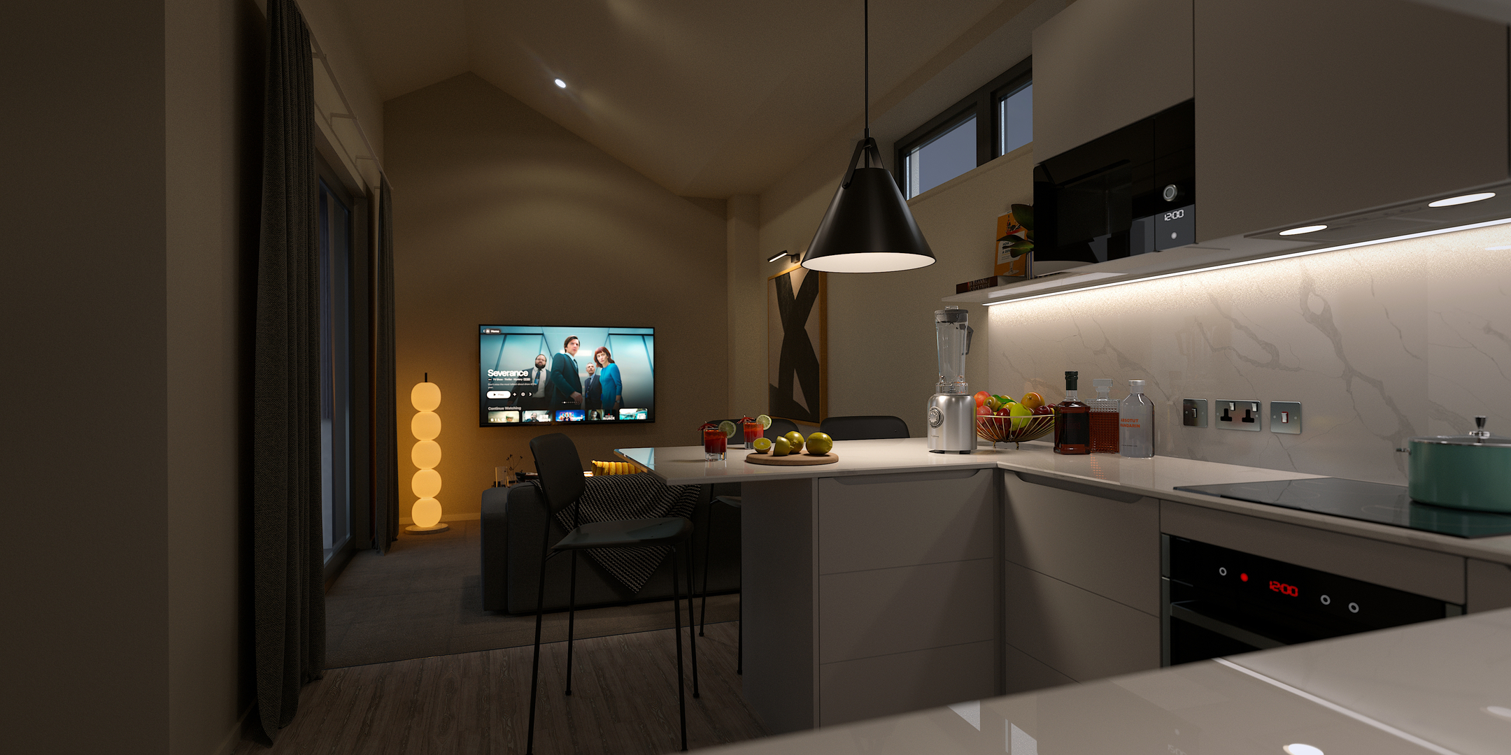 Modern kitchen and dining area with white cabinets and countertops, a bowl of fruit, appliances, and a dining table. In the background, a TV displays a movie; a soft lamp glows near a window with closed curtains overlooking Edinburgh city.