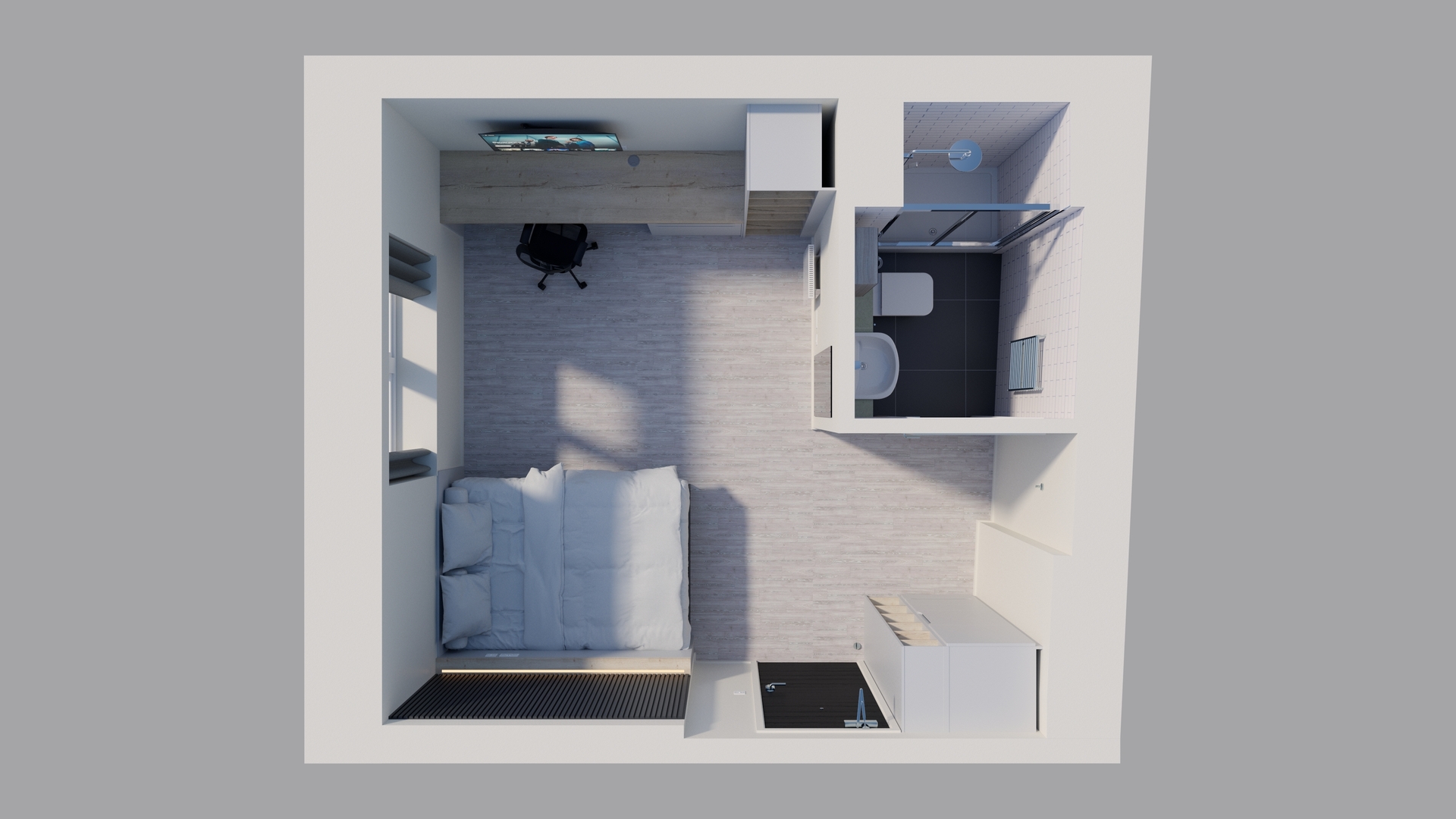 A top-down view of a compact studio apartment in Edinburgh, Scotland, with a bed, desk and chair, TV, small kitchen area with sink and stove, and a separate bathroom. Natural light enters through a window overlooking the city.