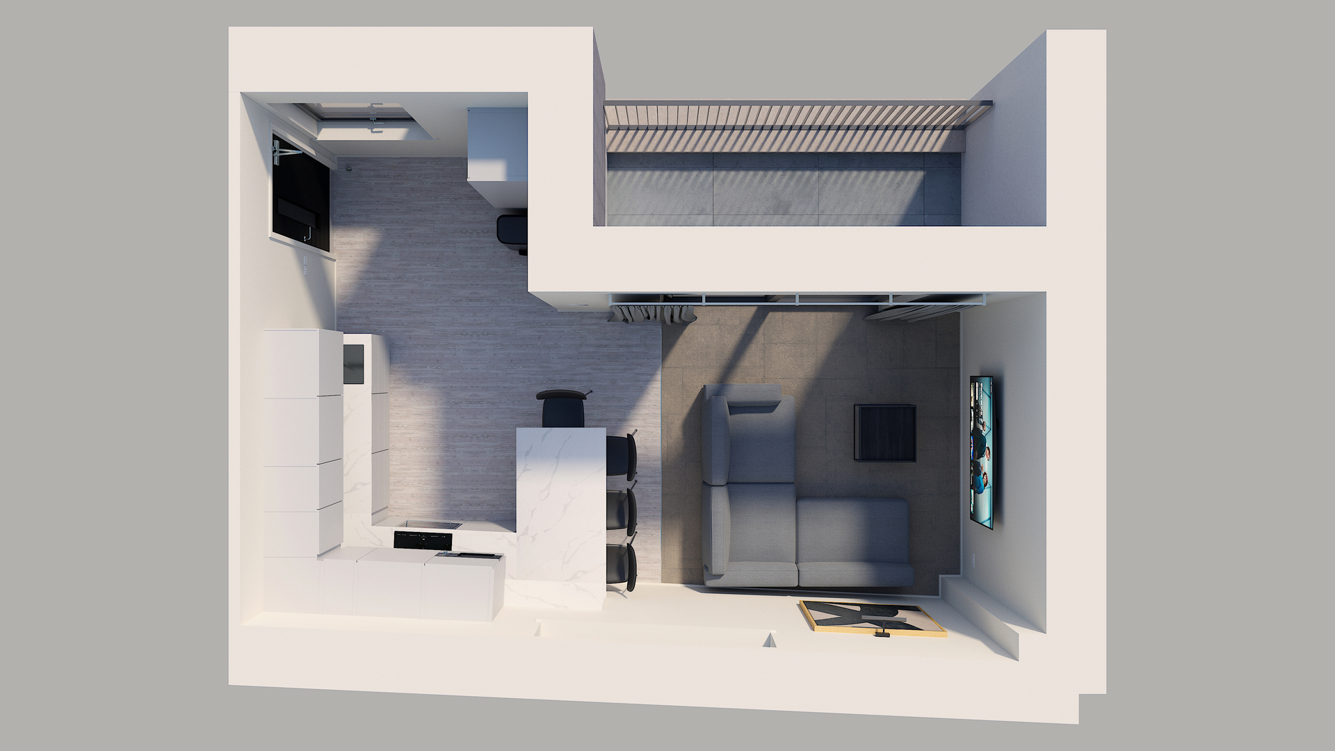 Top-down view of a modern, open-plan Edinburgh apartment with a kitchen and bar seating on the left, a living area with sofa and TV on the right, and a balcony at the top—all featuring light-colored flooring and walls.