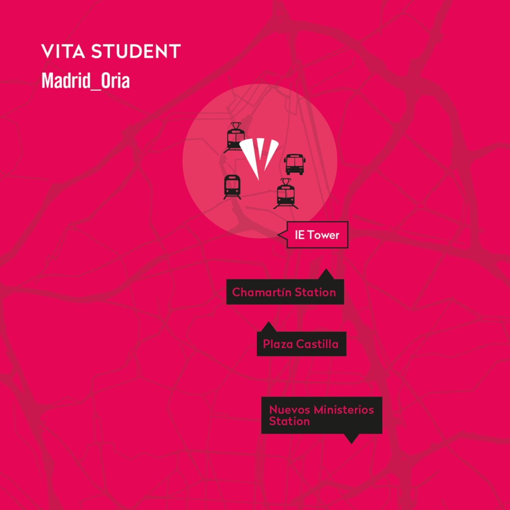 A stylized map highlights routes from IE Tower to Chamartín Station, Plaza Castilla, and Nuevos Ministerios Station, with metro train icons and a pink background labeled "Vita Student Madrid_Oria" near IE Business School Madrid.
