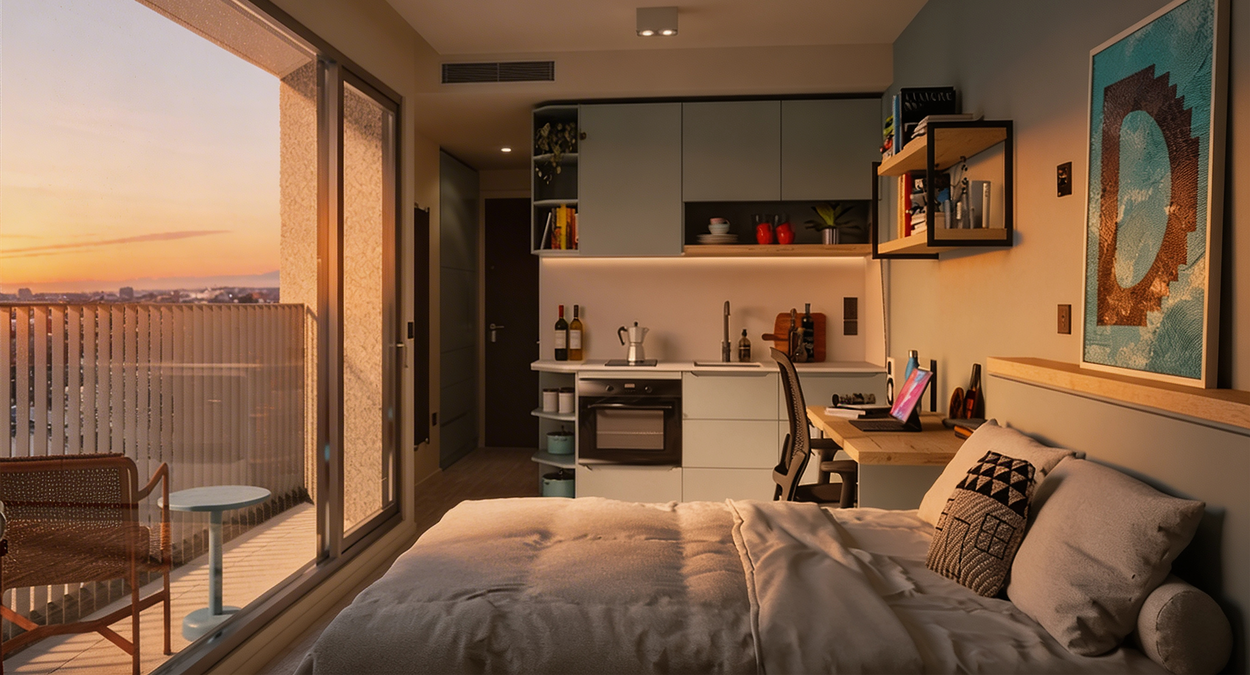 A modern studio apartment in City Madrid with a bed, desk, kitchen area, and shelves opens to a balcony with a chair and small table. Warm sunset light streams in through the glass door, creating a cozy atmosphere.