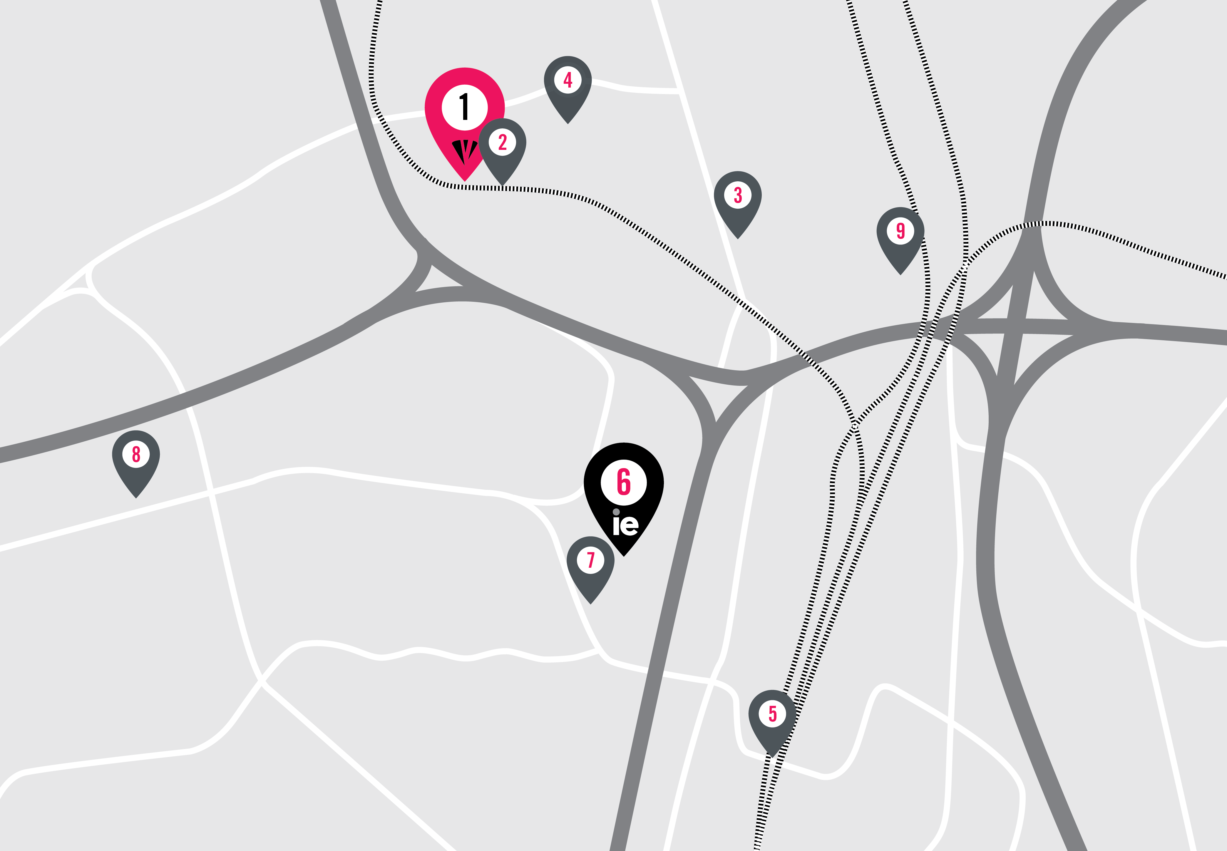 Stylized grayscale map with numbered location markers highlights student residences near IE University. Marker 1 is pink and prominent; marker 6 is black, bold with "ie." Others are gray. Several intersecting roads and rail lines are shown.
