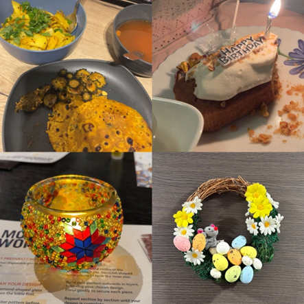A collage of four images: a plate with yellow food and flatbread, a slice of cake with "Happy Birthday" and candles, a colorful beaded candle holder, and a wreath decorated with flowers and pastel eggs—each telling its own leap of faith.