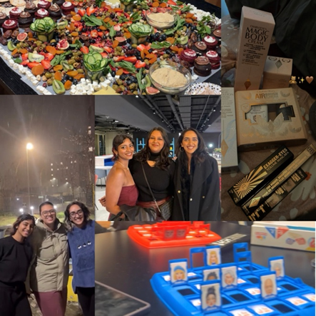 A collage featuring a charcuterie board, beauty products, groups of smiling women, and a close-up of people playing Guess Who—capturing moments of laughter, leap of faith, and memorable student stories.