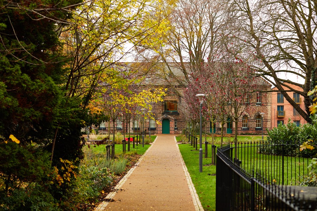 A paved path leads through a garden with autumn foliage toward a brick building with green doors and windows—an inviting scene in York, often featured in Student Stories. A black metal fence lines the right side of the path.
