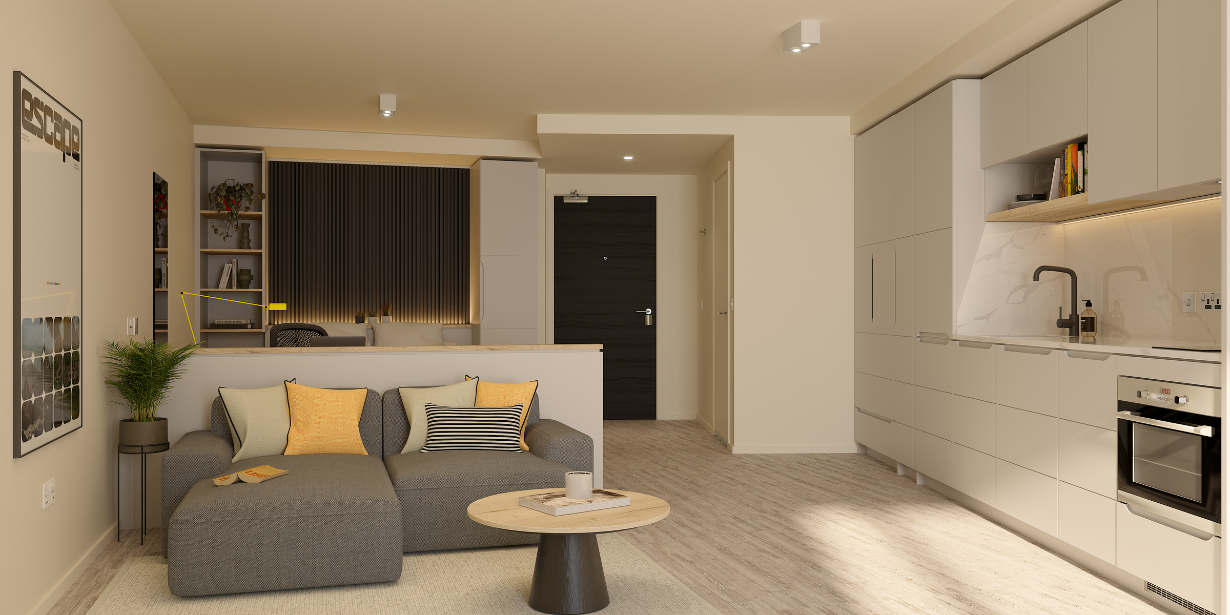 Modern studio apartment on India Street with a gray sofa, yellow and striped pillows, round wooden coffee table, built-in kitchen, light wood floors, and neutral-tone walls. A cozy, minimalist design with subtle decor accents.