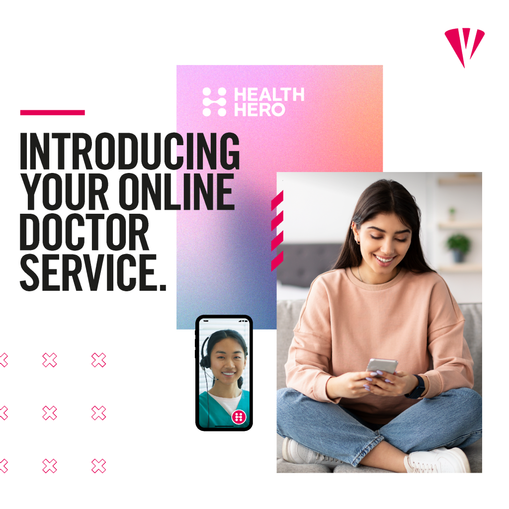 A young woman sits on a couch using her phone. "Introducing your online doctor service" is written beside her, with HealthHero branding and a phone screen showing a female doctor. Perfect for Vita Student residents, this image highlights how it works: connecting you instantly to expert healthcare from the comfort of your home.