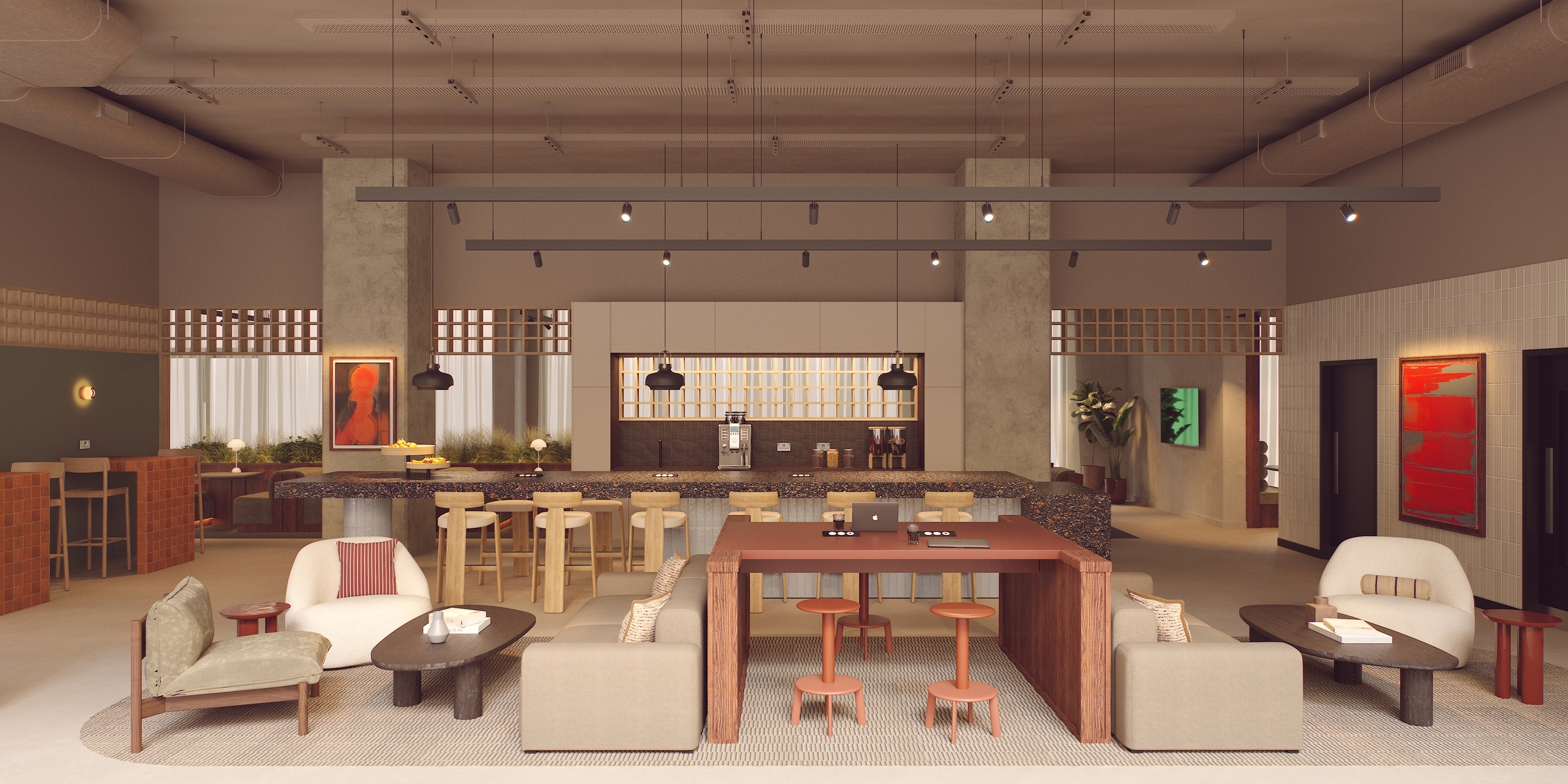 Modern office lounge with cozy seating, wooden tables, bar area with stools, pendant lights, abstract art on the walls, and plants, creating a welcoming and stylish workspace inspired by the vibrant energy of India Street.