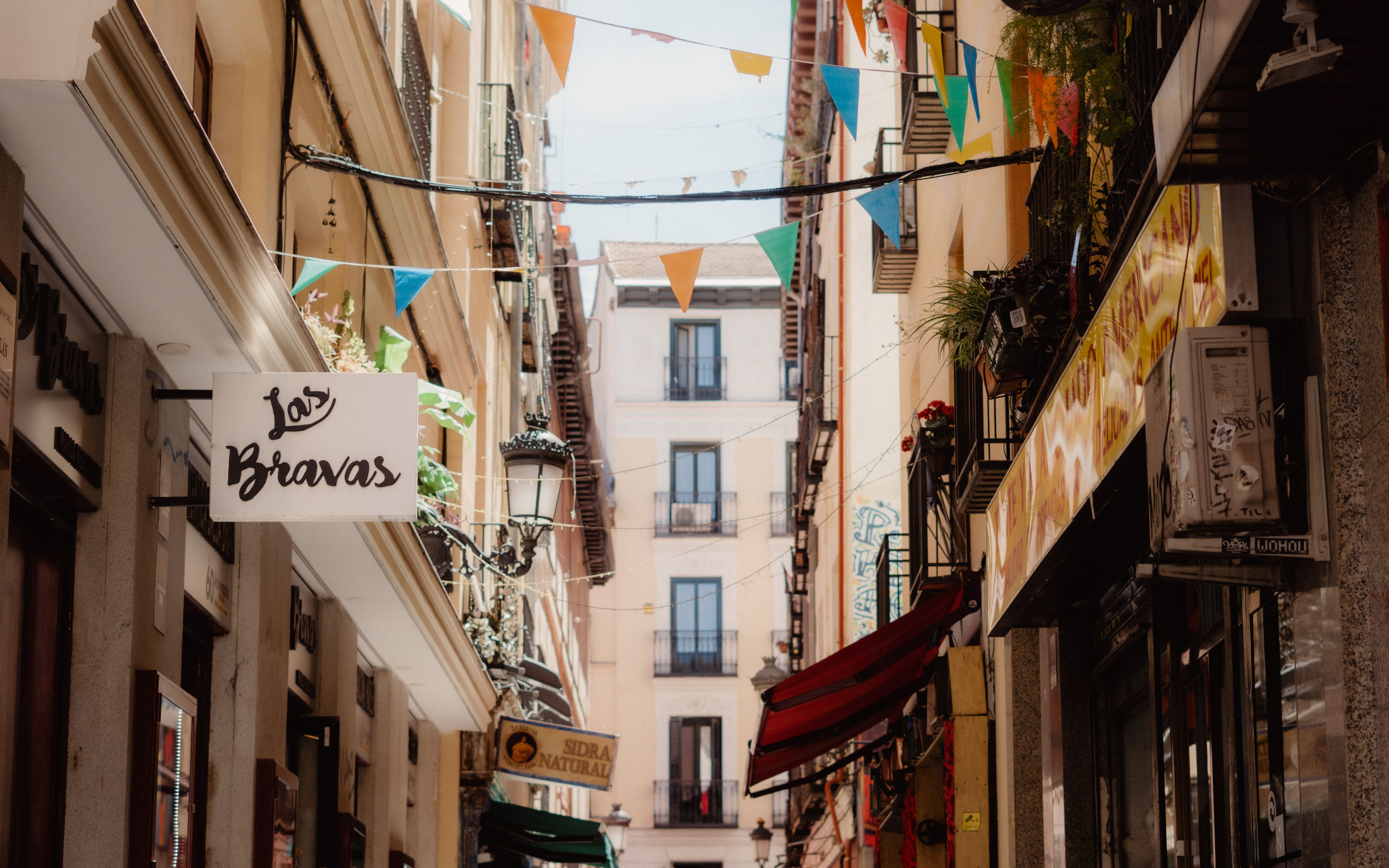 Narrow European street with colorful flags overhead, restaurant signs, balconies with flowers, and tall buildings lining both sides, illuminated by daylight—a classic scene capturing the vibrant atmosphere that makes discovering student activities in Madrid so appealing.