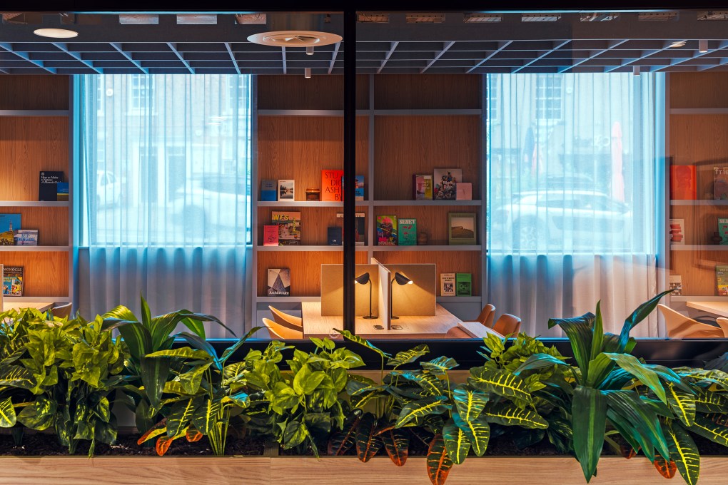 A modern library room with wooden shelves lined with books, two large windows with sheer curtains, a wooden table with lamps, chairs, and a planter with green plants in the foreground—perfectly welcoming for visitors on open day.
