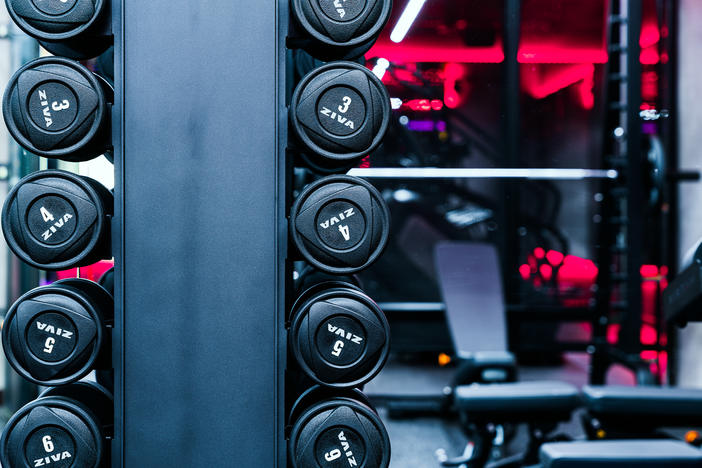 A gym rack at Vita Student holds black dumbbells marked with weights. In the background, gym equipment and neon red lights create a modern, energetic atmosphere.