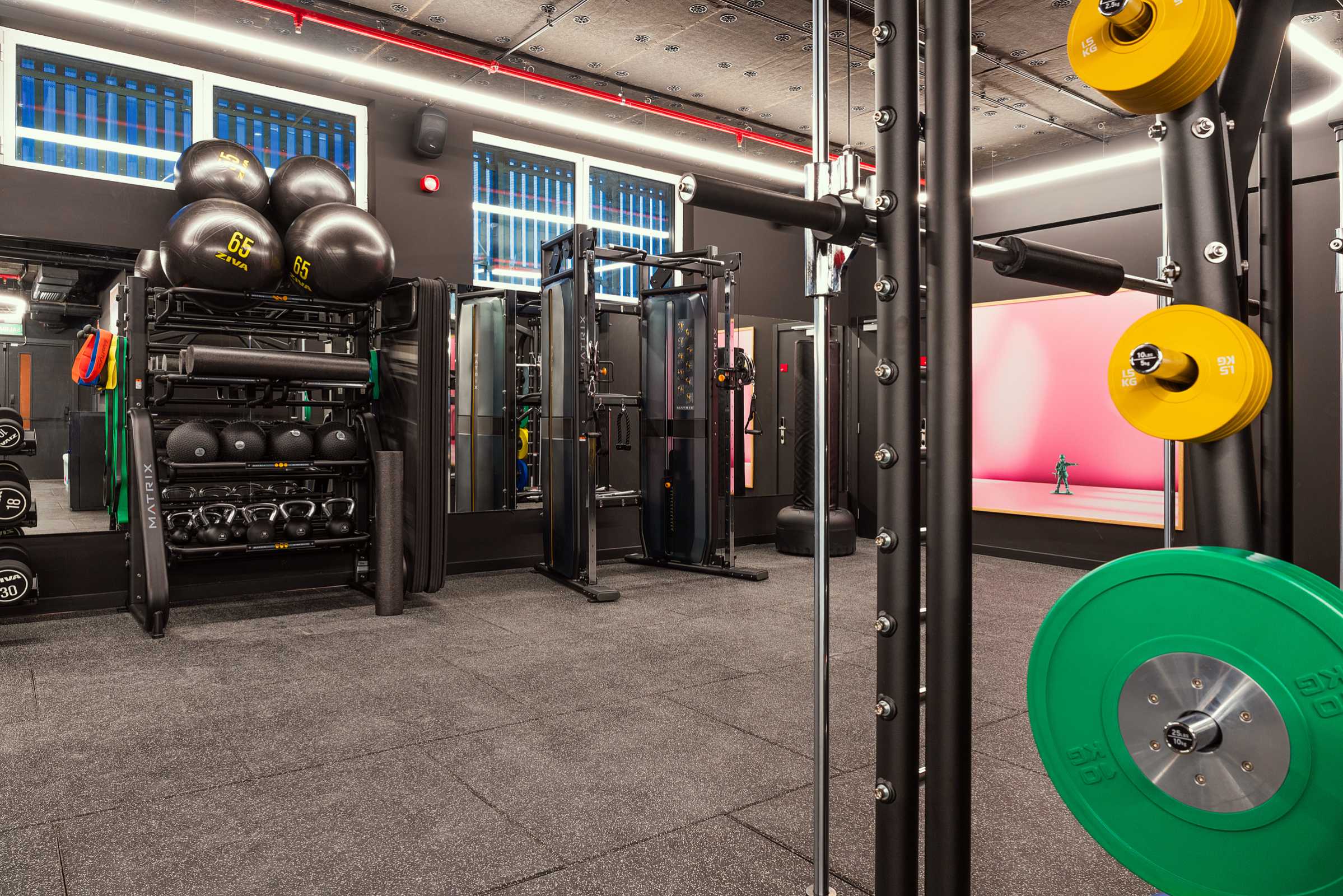 Modern gym with weight racks, barbells, exercise balls, and cable machines. The floor is padded, walls have mirrors and windows, and colorful plates are mounted on gym equipment in the foreground.
