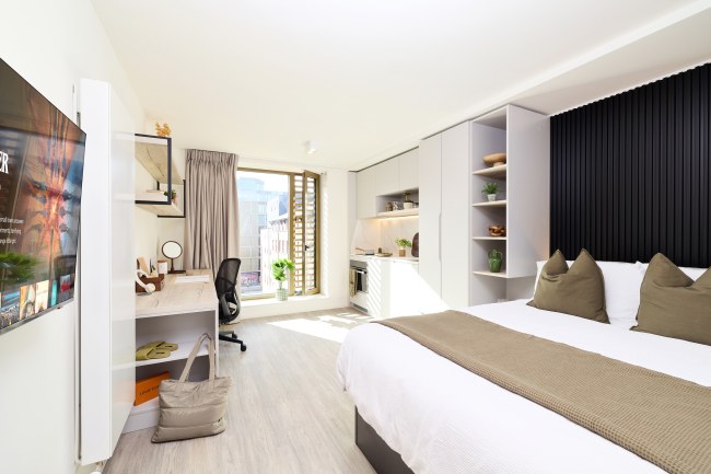 Modern, bright studio apartment with a bed, desk, TV, shelves, small kitchen, and large window. Light wood floors and neutral decor create an airy, inviting space with natural light and a small balcony.
