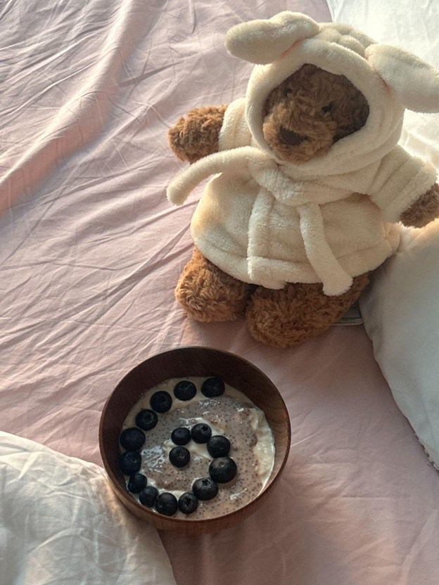A teddy bear in a white bunny costume sits on a pink bed next to a wooden bowl of oatmeal topped with blueberries arranged in a spiral pattern, as if ready to listen to Student Stories about sparkly skirts and growing pains.