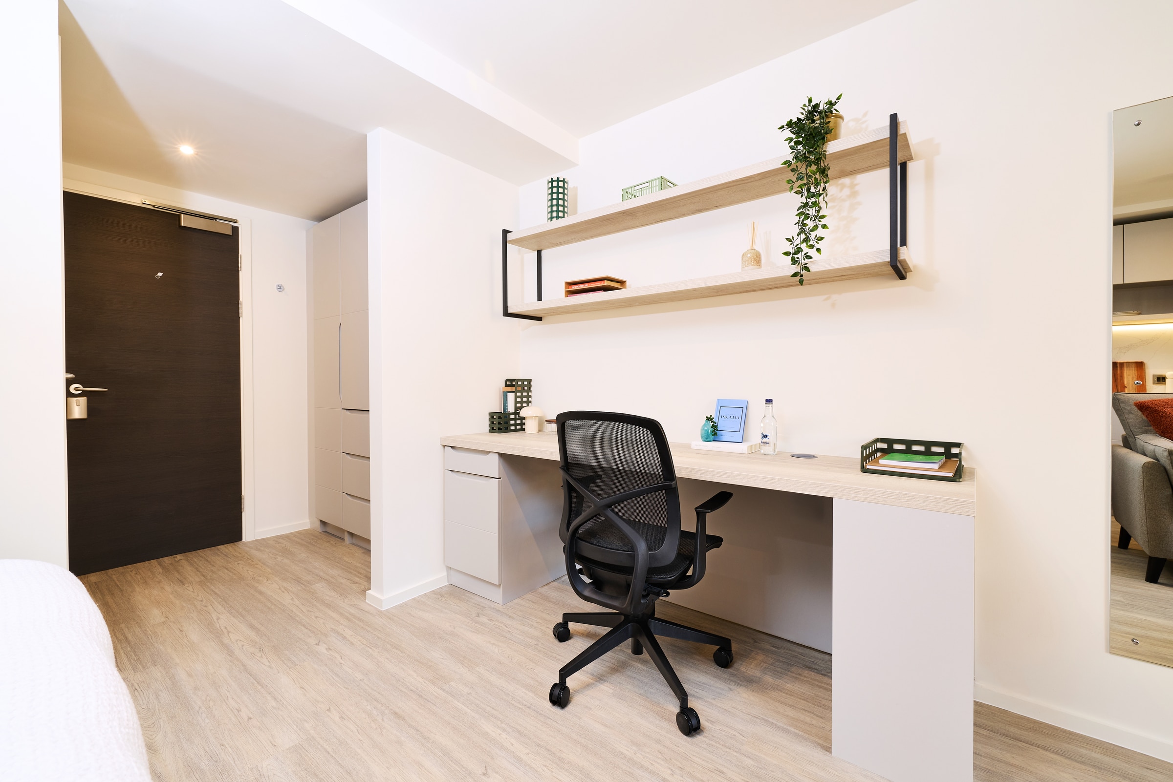 A modern, organized workspace with a desk, chair, shelf with books and plants, and a closed door in a bright room with light wood flooring.