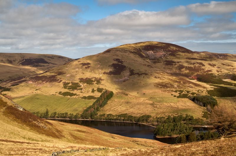 Rolling hills covered in green and golden grass under a partly cloudy sky, with a small, still lake nestled among the hills and some scattered trees near the water’s edge—an idyllic landscape perfect for Edinburgh students seeking peaceful day trips just beyond the city.