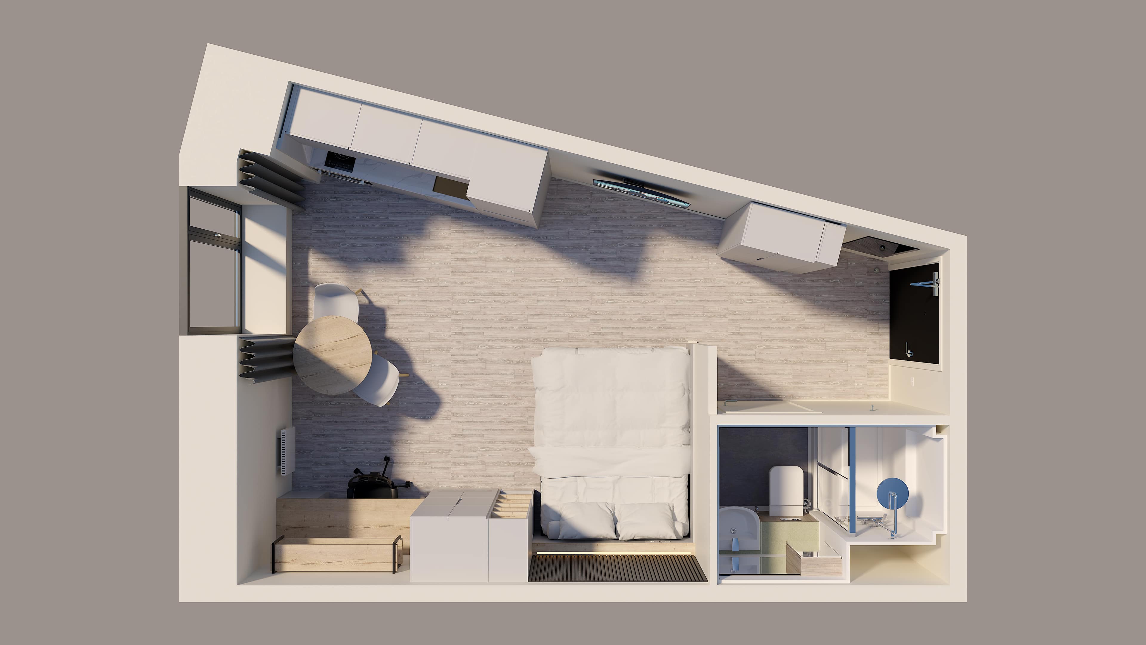 Top-down 3D floor plan of a studio apartment featuring a kitchenette, dining area, bed, storage units, and a bathroom.
